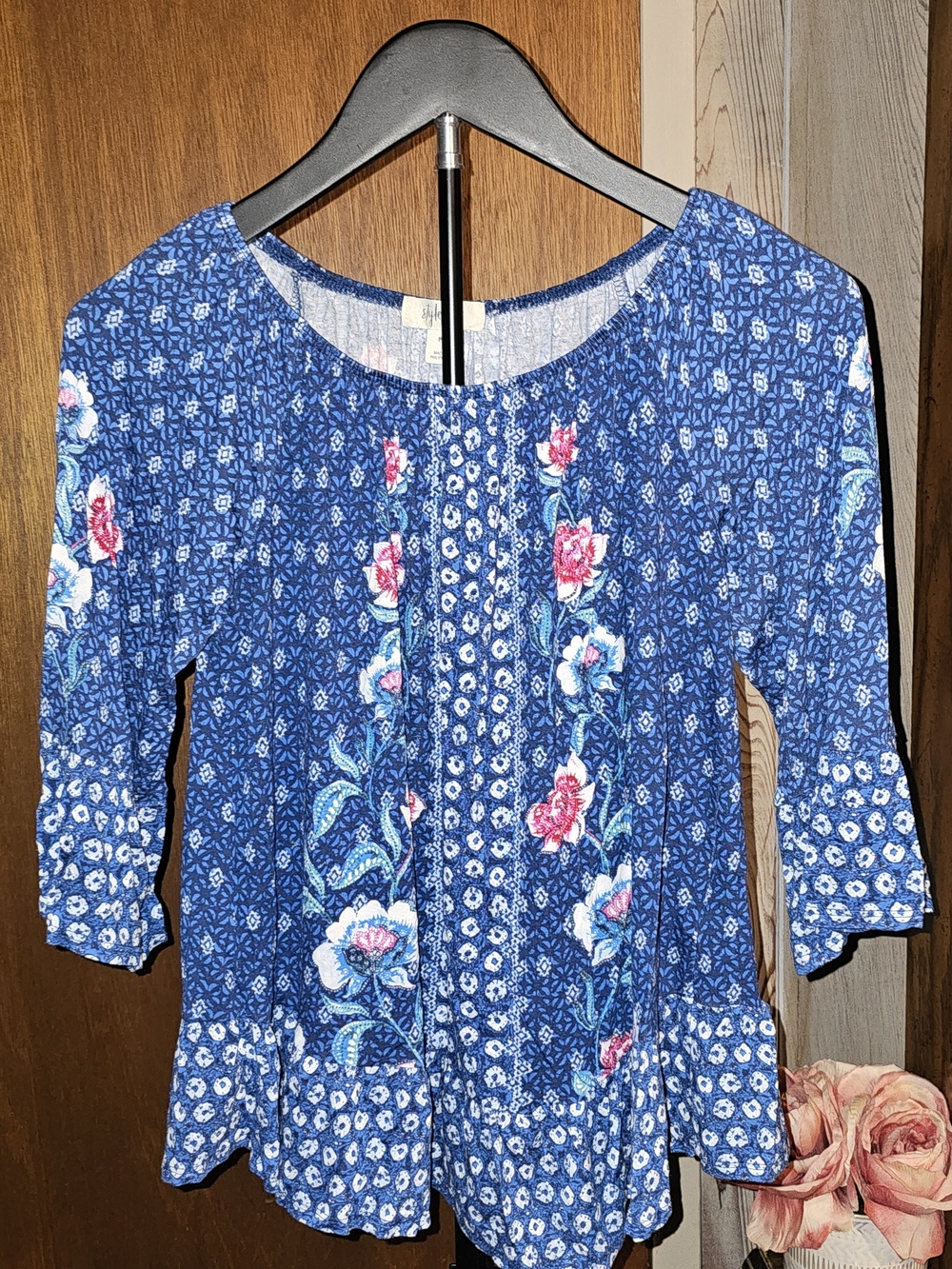 Style & Co. Blue Floral Mixed-Print Petite Top